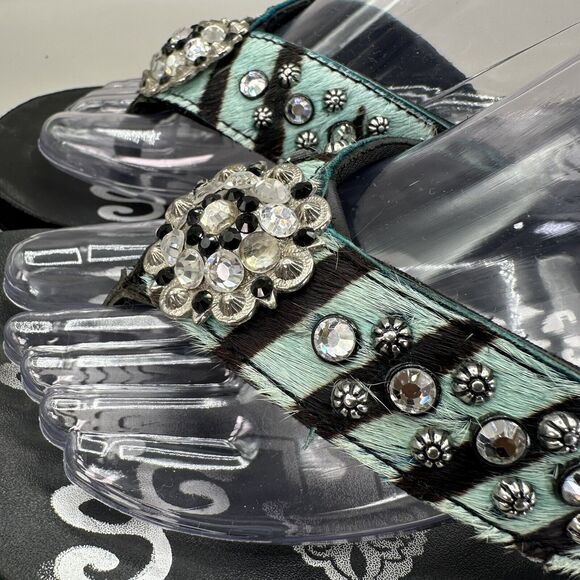 Cowgirl Jewels Rhinestone Turquoise Black Leather Flip Flop Sandals Size 8 - Picture 6 of 9